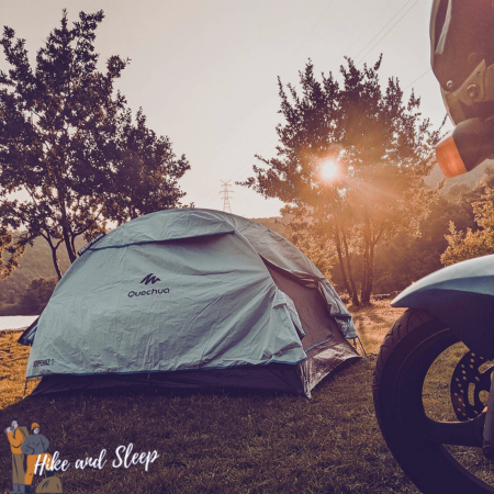 motorcycle and a camping tent 